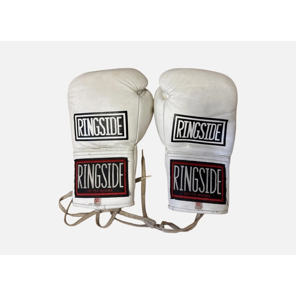 Vintage RINGSIDE White LEATHER Boxing Gloves (10 oz) Lace Up Training Pair RARE